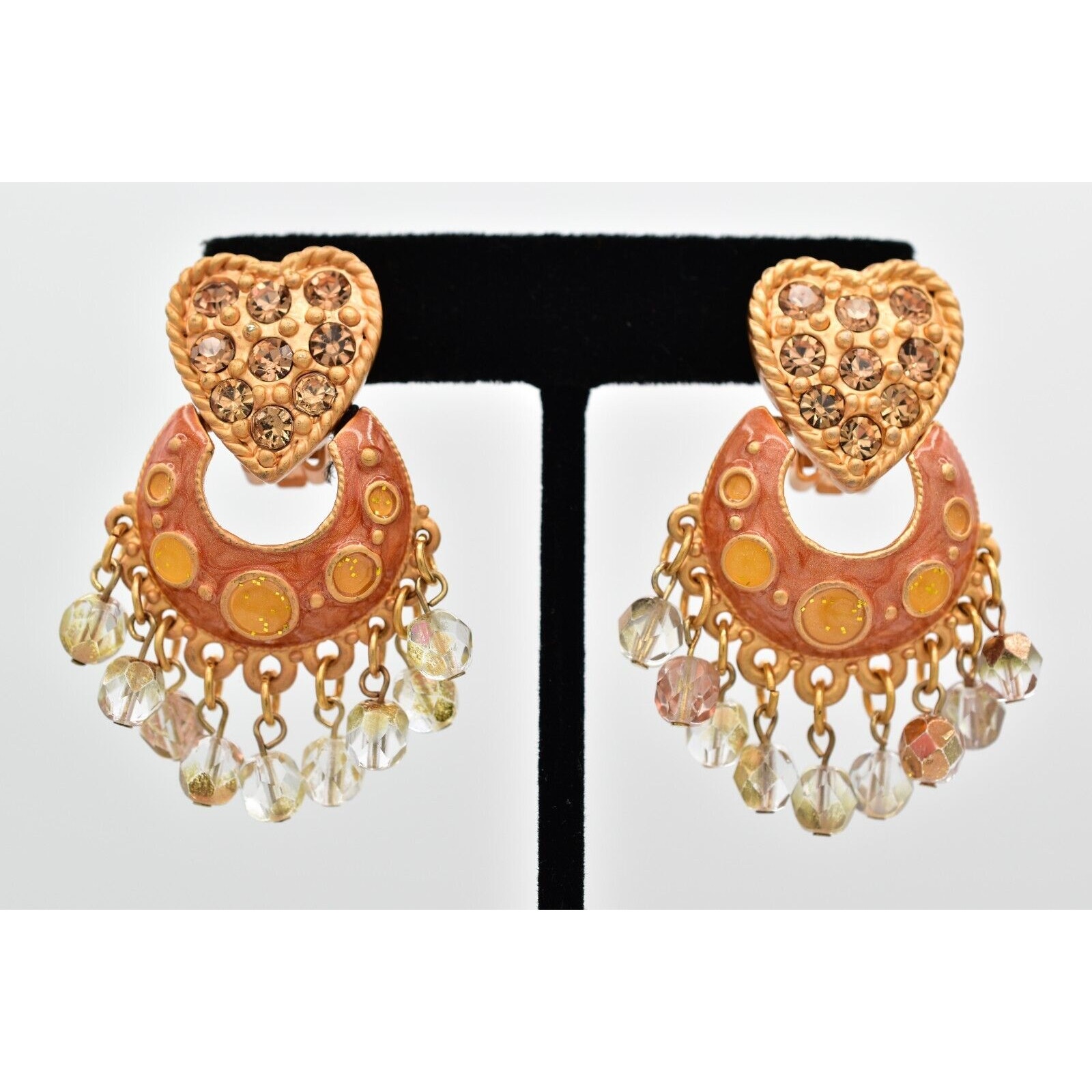 Vintage Heart Dangle Clip On Earrings Crystal Brushed Gold Chunky Heavy 80s Binw 40$